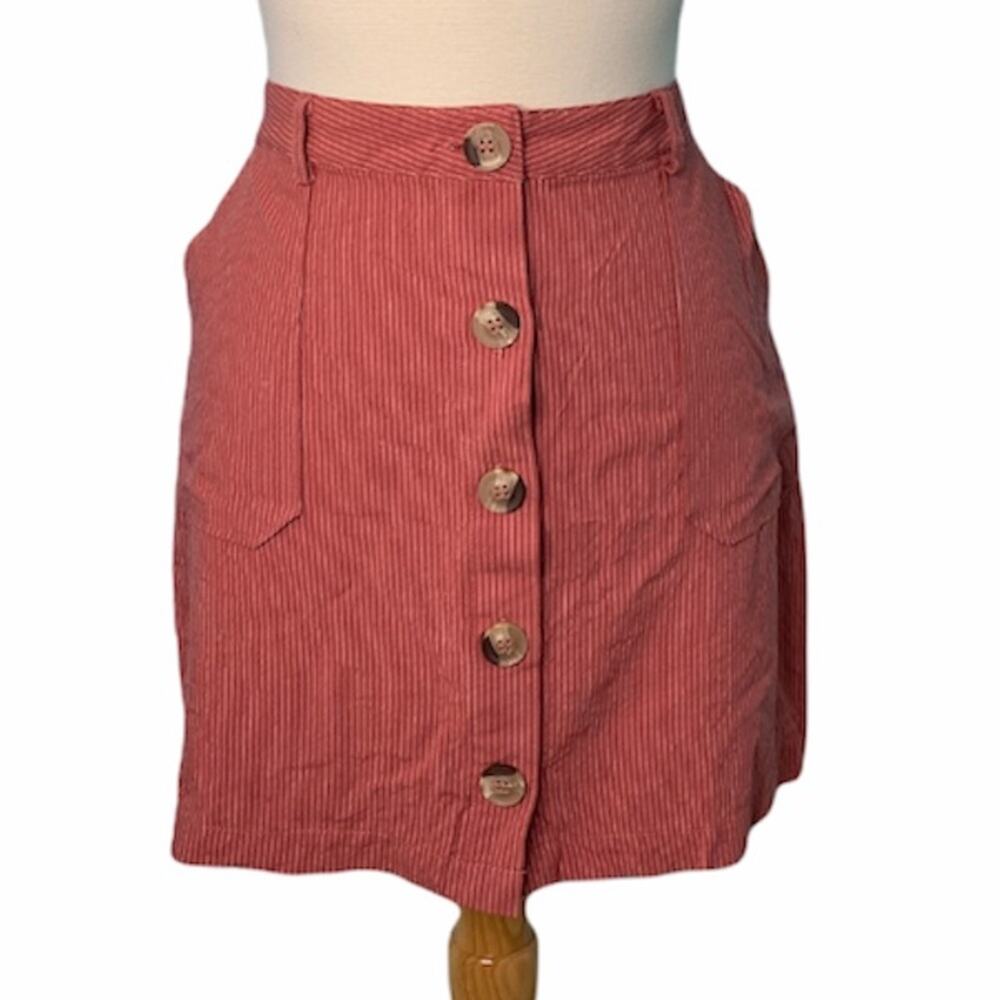 E&M Pin Striped Orange Pink Rust Mini Skirt Button Front Fitted Fall Preppy C22